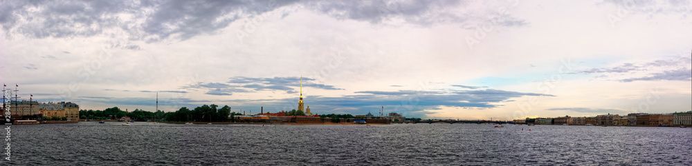 Fototapeta premium Peter and Paul fortress panoramic view. Saint-Petersburg, Russia. Ships on Neva river.