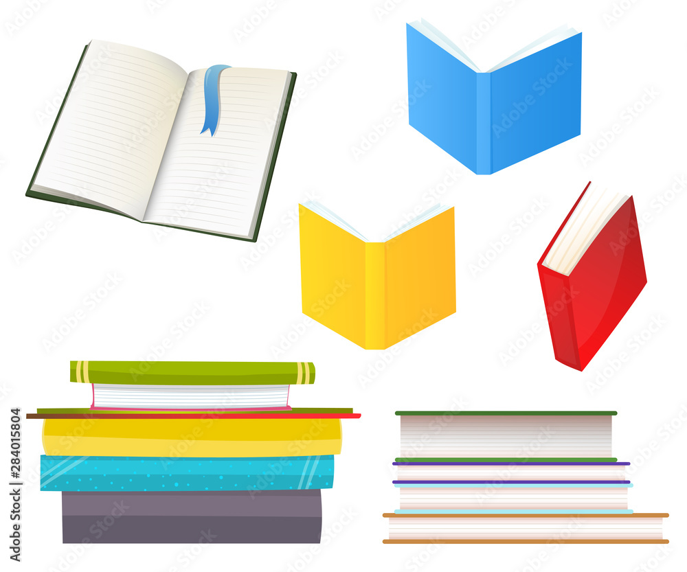 Many books icons isolated in white flat vector illustrations set Many books icons isolated in white flat vector illustrations set