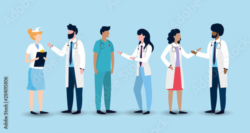 set professional woman and man doctors