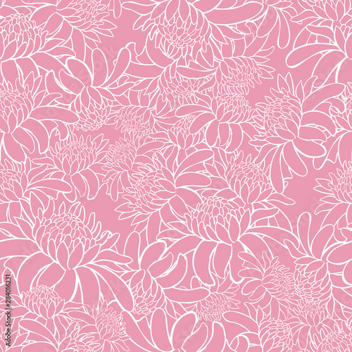 Vector pink seamless pattern with tropical torch ginger flowers outlines. Suitable for textile, gift wrap and wallpaper.