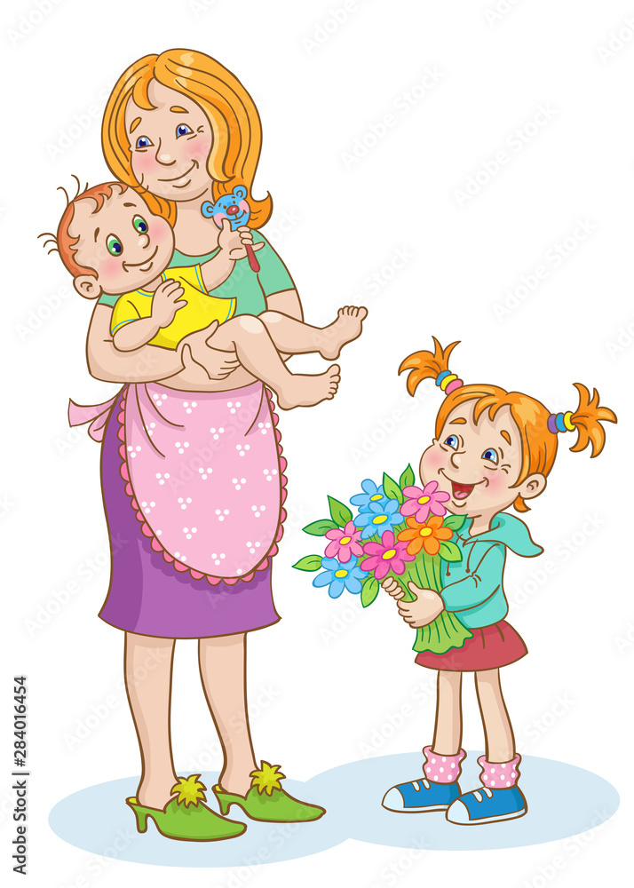 Friendly family. Mother with baby and little daughter. In cartoon style. Isolated on white background. Friendly family. Mother with baby and little daughter. In cartoon style. Isolated on white background.