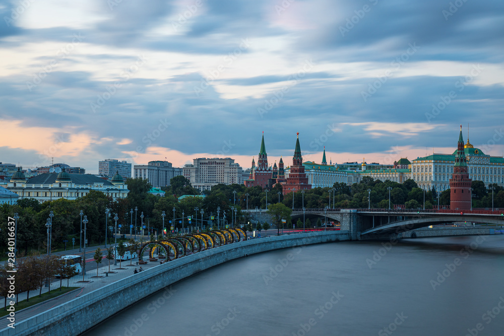 view of moscow kremlin and river at night