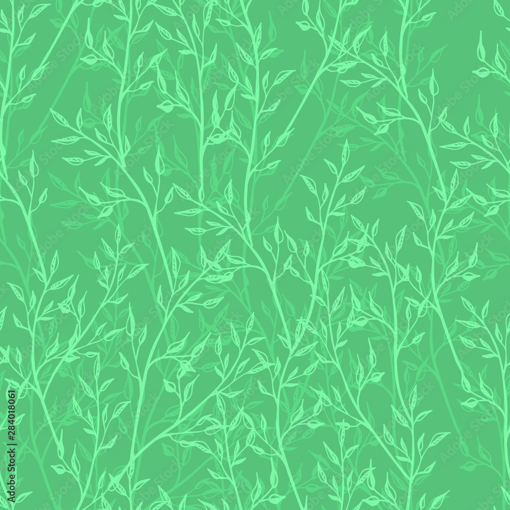 Editable teal blue-green vector endless texture with thin twigs for fabric and decoration. spring romantic seamless pattern. almost plane colours in shades, jade green. Editable teal blue-green vector endless texture with thin twigs for fabric and decoration. spring romantic seamless pattern. almost plane colours in shades, jade green.