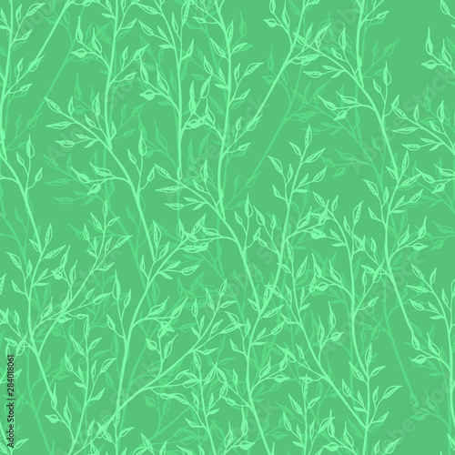 Editable teal blue-green vector endless texture with thin twigs for fabric and decoration. spring romantic seamless pattern. almost plane colours in shades  jade green.