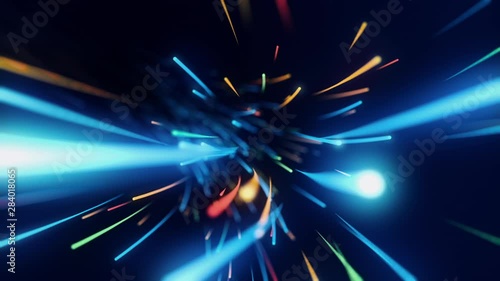 Abstract background with animation flying neon glowing stripes. Animation of seamless loop. 