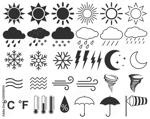 Collection of icons for weather forecast illustration. Vector climatic symbols.
