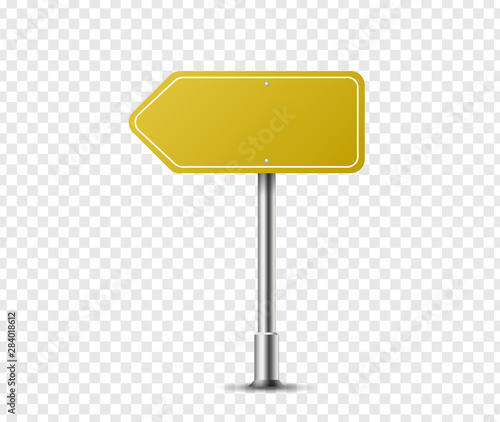 Realistic arrow traffic sign on metal steel pole isolated. Yellow road panel mockup - direction highway, board text, city location, street arrow, stop, danger, warning signage. Vector illustration