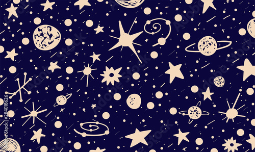 Hand drown scratch style night sky background. Space, stars and planets. Space blue and beige abstract. Vector Illustration