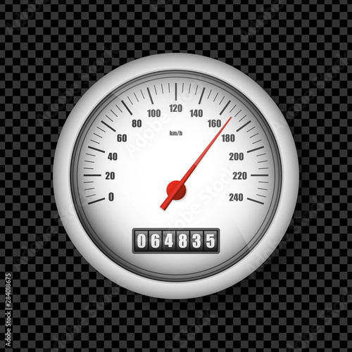 Realistic white speedometer isolated on transparent background. Sport car odometer with motor miles measuring scale. Racing speed counter. Engine power concept template. Vector illustration