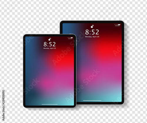 Realistic tablet computer lock screen with abstract colored geometric wallpaper. Big and small modern tablet PC design isolated on transparent background. Vector Illustration