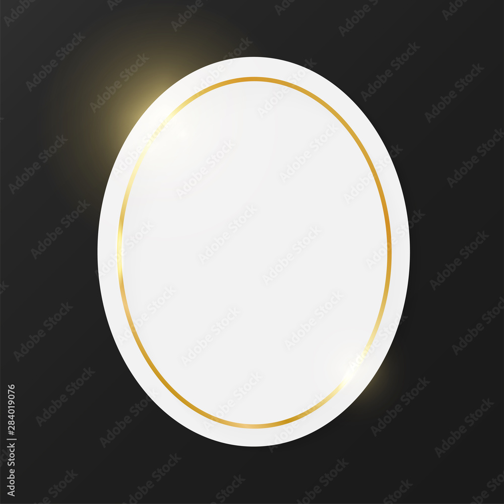 Gold shiny glowing vintage frame on white plate isolated on dark grey background. Golden luxury realistic border. Wedding, mothers or Valentines day concept. Xmas and New Year paper abstract. Vector