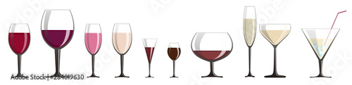 a set of glasses of different shapes with a variety of wines and light alcoholic beverages.