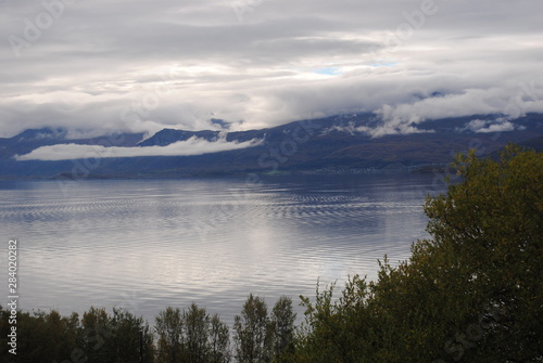 Fjord with clouds hiding the mountains
