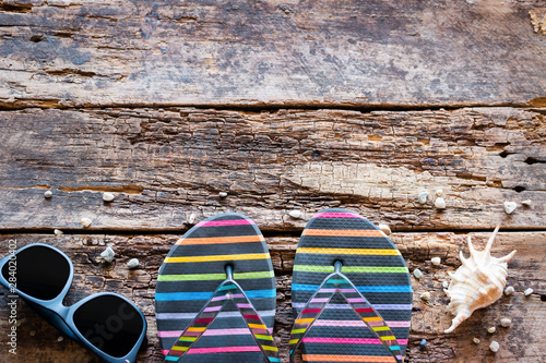 flip-flops, glasses and shells. summer vacation concept