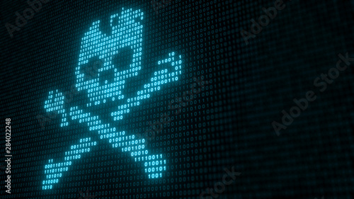 Schilderij op canvas Binary Code With Skull and Crossbones, Representing A Computer Virus Or Malware