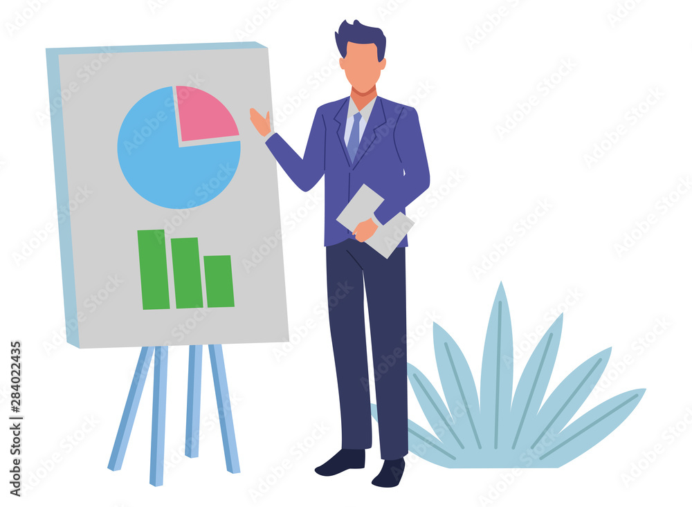 Executive businessman showing business graphs on whiteboard Executive businessman showing business graphs on whiteboard
