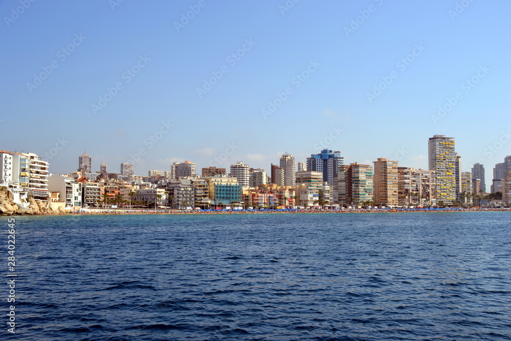 Sunny panoramic view on Benidorm city with seafront in Alicante Mediterranean of Spain