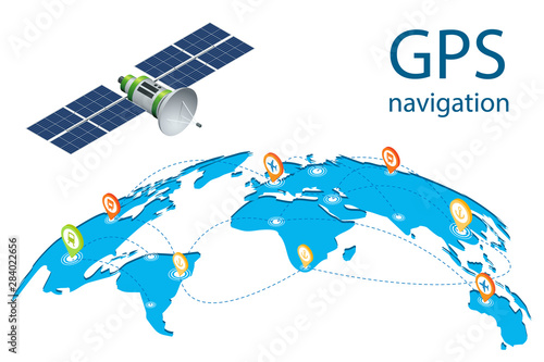 Isometric GPS navigation in the phone with a red pointer. Gps tracking map. Air cargo trucking rail transportation maritime shipping On-time delivery Vehicles designed to carry large numbers cargo