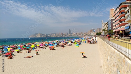 Panoramic view over crowded beach of Benidorm, Spain