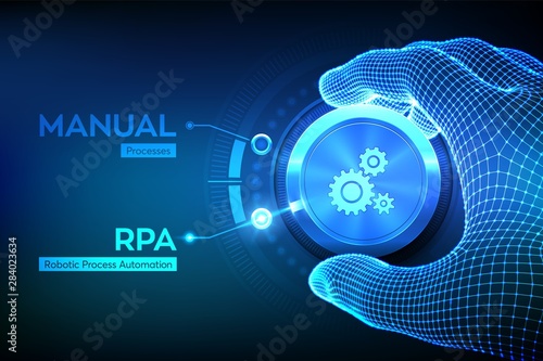 RPA Robotic process automation innovation technology concept. Wireframe hand turning a knob and selecting RPA mode. Intelligent system automation. AI. Artificial intelligence. Vector illustration. photo