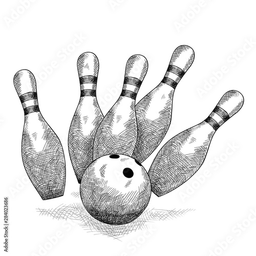 Bowling ball breaks six skittles Pencil sketch.
