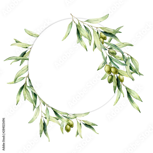 Watercolor wreath with green olive berries and leaves. Hand painted floral circle border with olive fruit and tree branches with leaves isolated on white background. For design, print and fabric. photo