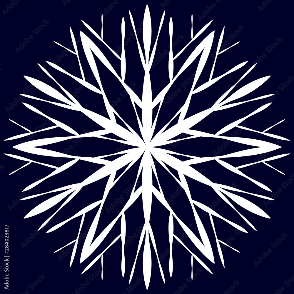White vector original snowflake on a dark blue background. Element to create an icon or logo in the design for winter or space themes. White vector original snowflake on a dark blue background. Element to create an icon or logo in the design for winter or space themes.