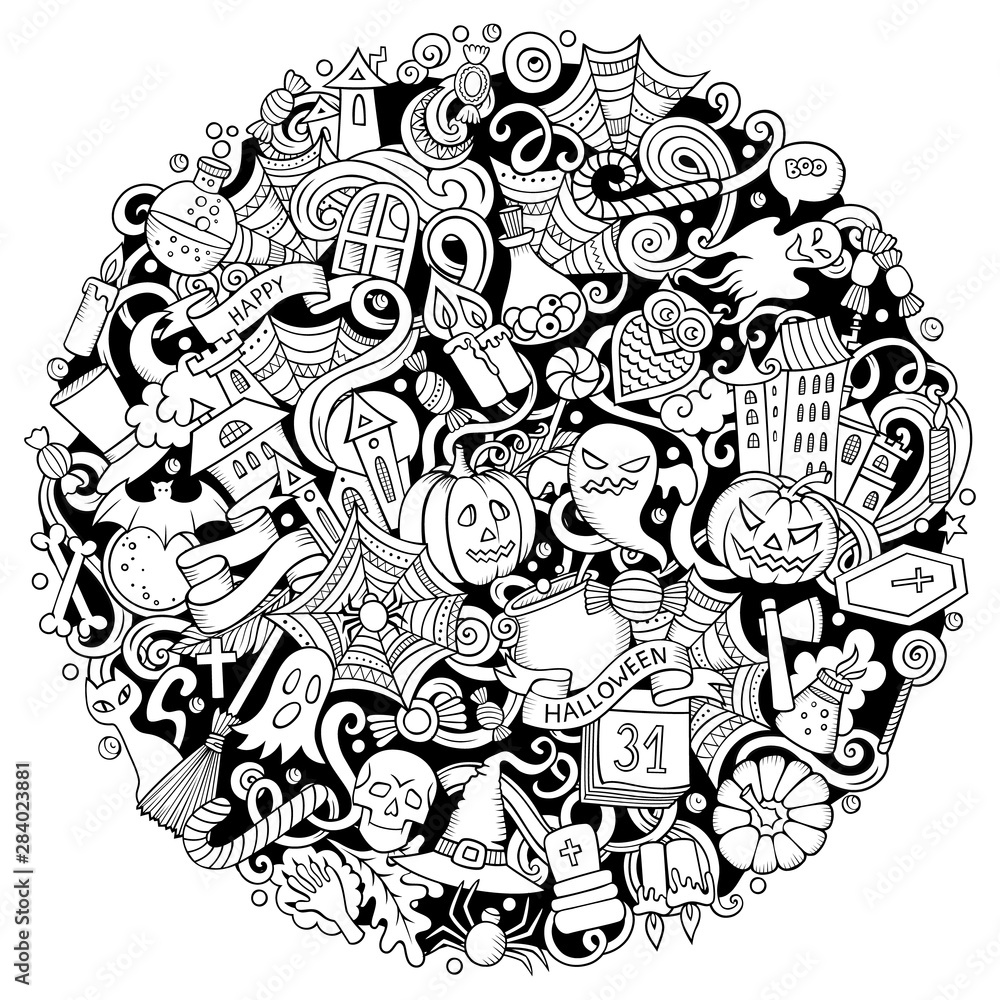 Cartoon cute doodles Happy Halloween illustration. Outline funny round picture