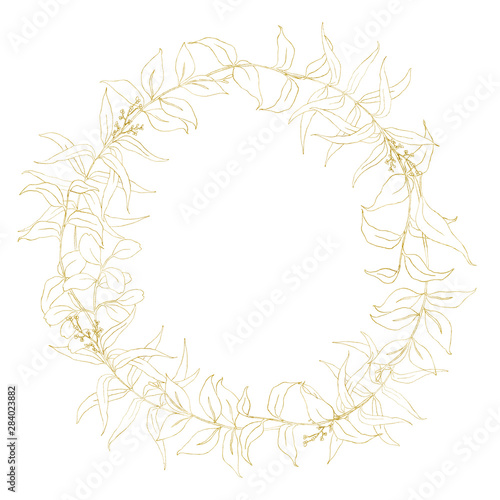 Watercolor golden eucalyptus wreath. Hand painted floral circle border with branches and leaves isolated on white background. For design  print and fabric.