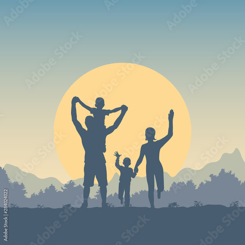 Happy young family outdoors. Dad, mom and two boys on a background of a sun, forest and mountain landscape. A day in the nature. Silhouettes of people - parents and children. Flat vector illustration.