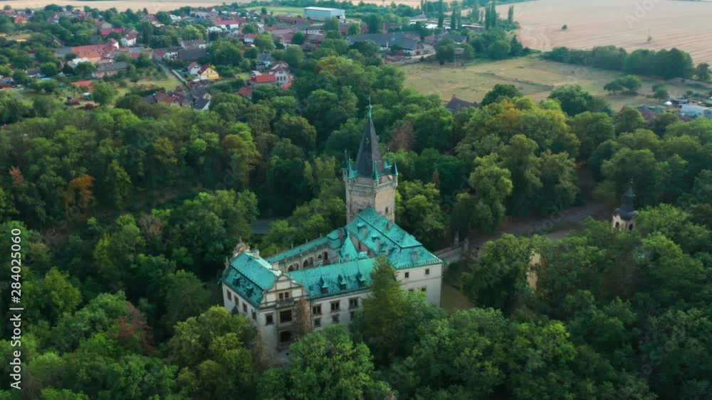 Aerial View of Old Castle in Green Wood With Old Bridge on the Background Aerial View of Old Castle in Green Wood With Old Bridge on the Background