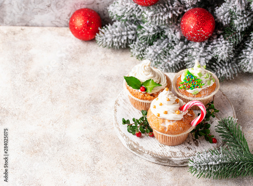 Christmas festive cupcake with different decorations