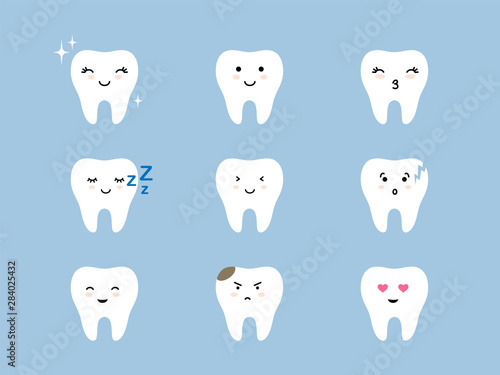 Teeth emoji icon set. Cracked, broken, healthy white cute cartoon kawaii tooth characters with different facial expressions. Oral dental hygiene emoticons. © mashot