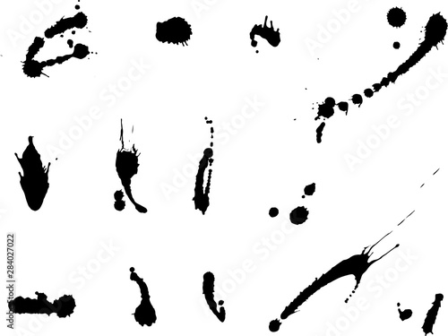 ink blot collection, big set of isolated spots, black drops on white background.