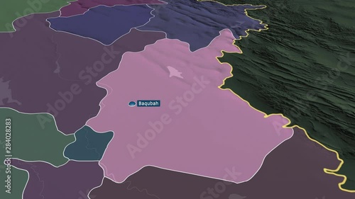 Diyala - province of Iraq with its capital zoomed on the administrative map of the globe. Animation 3D photo