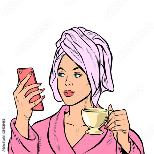 woman morning bathroom coffee smartphone