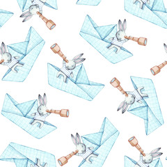 Wandcirkels Aquarel prints patronen Bunnies sailors. Watercolor seamless pattern.Hand drawing illustration with sea elements. T-shirt boy and girl design, kids and sea party design. Textile and wrapping paper design. White background.  © BloomPix