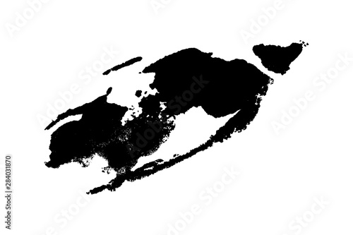 Black ink splash , splatter on white paper.  Bold organic paint brush stroke  shape , highly detailed. Grunge brushstroke halftone texture.