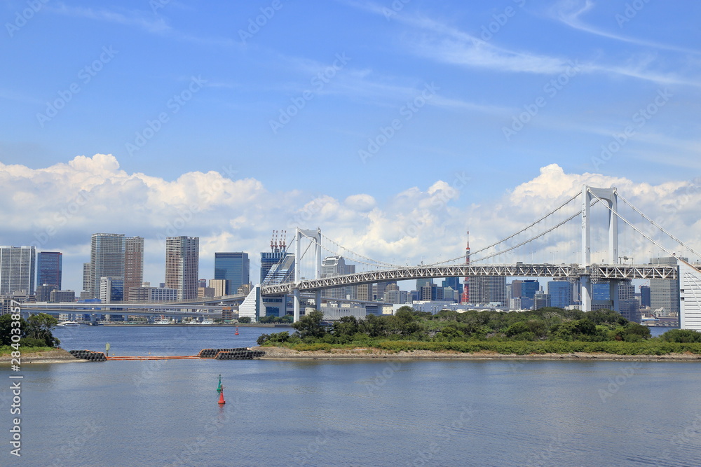 お台場から望む夏の東京湾と東京都市の風景