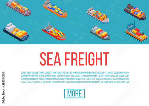 Freight ships, shipping, delivery sea transport on a blue background vector illustration. Delivery sea truck service. Cartoon freight ships web site template.