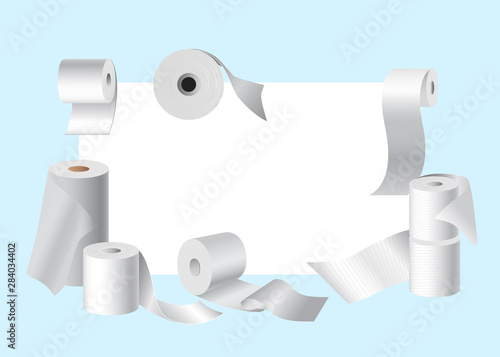 Realistic toilet paper rolls frame with white space for text vector illustration. Blank white 3d packaging kitchen towel, toilet paper roll. Paper roll template.