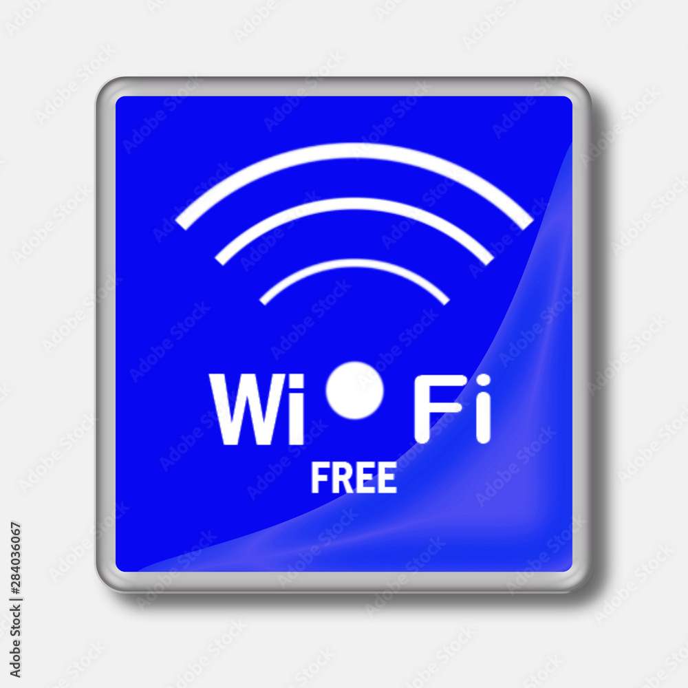 Illustration.Web blue button with silver frame, reflection and Wi-Fi free symbol isolated on white background. Illustration.Web blue button with silver frame, reflection and Wi-Fi free symbol isolated on white background.