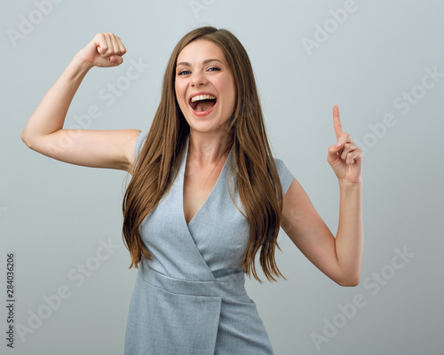 Happy woman has power. isolated girl portrait