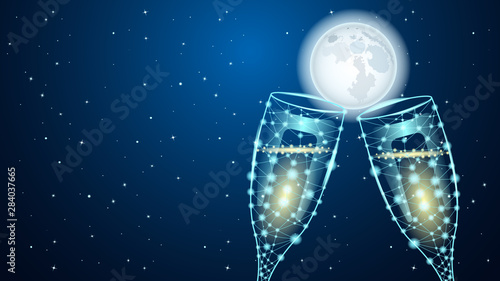 Huge full moon and starry sky, Two glass of wine
