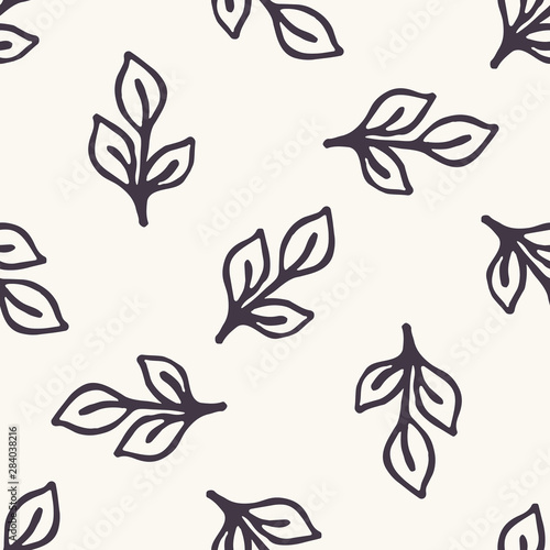 Seamless pattern hand drawn tiny falling leaf motif background. Stylized leaves ditsy allover print. Vector line art swatch