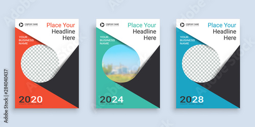 Poster cover book design template in A4 layout with space for photo background, 3 Color ways included, Use for annual report, proposal, portfolio, brochure, flyer, leaflet, catalog, magazine, booklet.