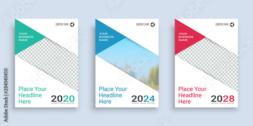 Poster cover book design template in A4 layout with space for photo background, 3 Color ways included, Use for annual report, proposal, portfolio, brochure, flyer, leaflet, catalog, magazine, booklet.