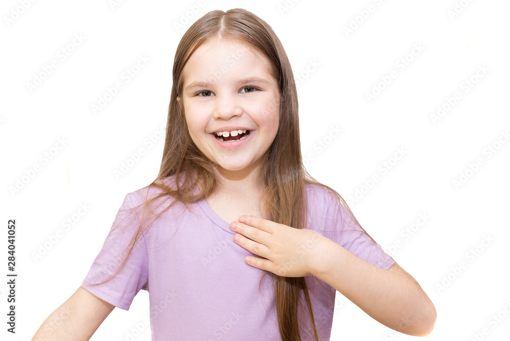 The little girl does not know what to do, and widely scatters hands. It is isolated on a white background. The little girl does not know what to do, and widely scatters hands. It is isolated on a white background.