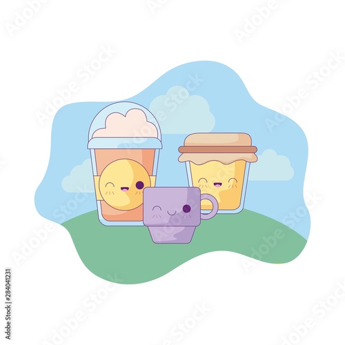 cup with set food in landscape kawaii style