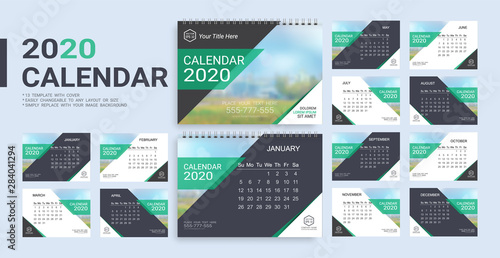Desk Calendar 2020 template, 12 months and 13 template with cover included in A5 but easily to changeable to any layout or size and simply replace with your image background. photo